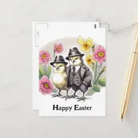 Funny Vintage Easter Chicks Pink Yellow Flowers Postcard