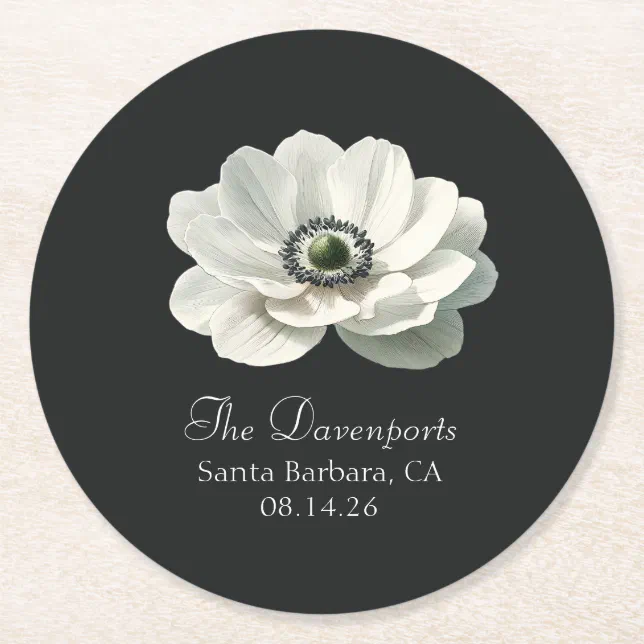 Modern Anenome Flower Wedding Black & White Formal Round Paper Coaster