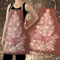 Rose Gold Monogram Watercolor Pink Christmas Tree Apron