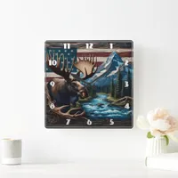 Moose in Front of Mountain and American Flag Square Wall Clock