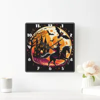 A Dramatic Halloween Horse Ride Under A Full Moon Square Wall Clock