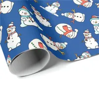 Cute Snowmen Navy Blue Pattern Wrapping Paper