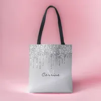 Monogram Silver Dripping Glitter Metallic Platinum Tote Bag