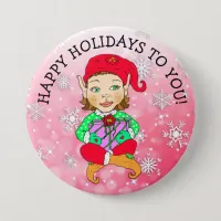 Happy Holidays to You Girl Elf and Snowflakes Button