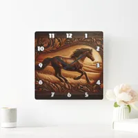 Majestic Horse Galloping Through Golden Fields Square Wall Clock