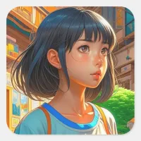 Anime Girl in the City Colorful Artsy Square Sticker