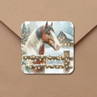 Brown and White Horse Country Christmas   Square Sticker