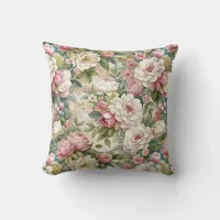 Cottage Rose and Peony Floral Throw Pillow