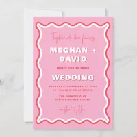 Retro Curve Squiggle Wavy Pink Red Photo Wedding Invitation