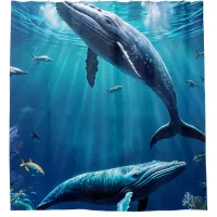 Two whales swimming among tropical fish shower curtain