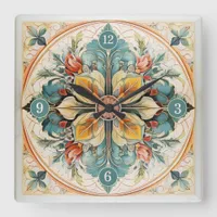 Beautiful Floral Tile Pat#15 Teal Yellow ID1078 Square Wall Clock