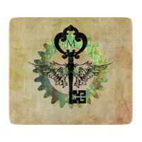 Monogrammed Steampunk Winged Key Rusty Cogwheel Cutting Board