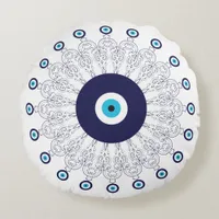 Mediterranean Navy Aqua Blue Lucky Eye Mandala Round Pillow