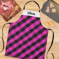 Stylish Hot Pink Plaid Custom Name Modern Kitchen Apron