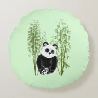 Cute Panda Sitting in Bamboo Round Pillow