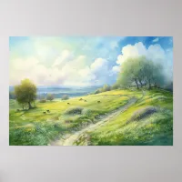 Watercolor painting of hilltop pasture path poster