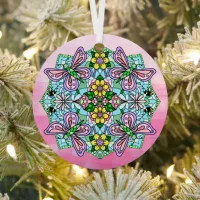 Pink Butterflies Mandala Christmas  Metal Ornament