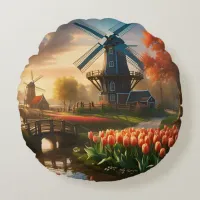 Windmill in Dutch Countryside by River with Tulips Round Pillow