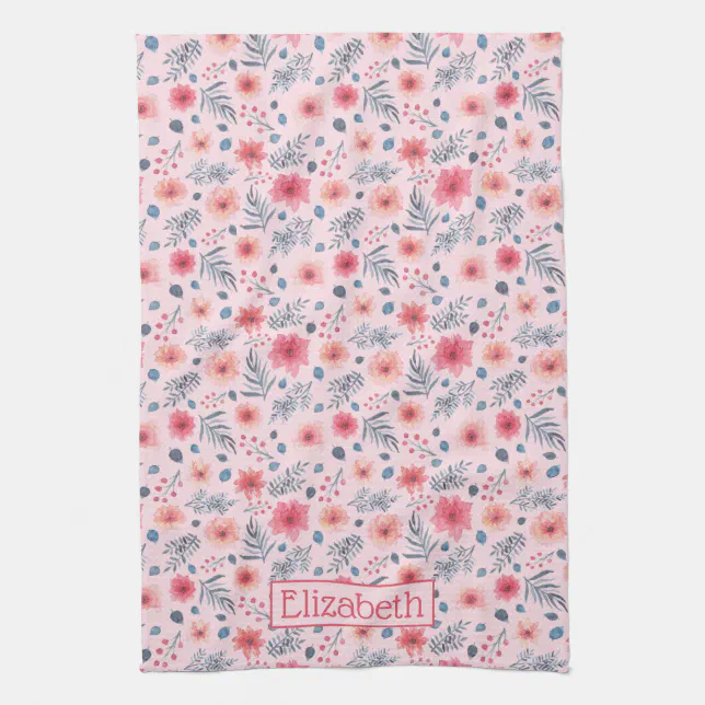 Pink, Blush, and Blue Watercolor Floral Kitchen Towel