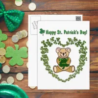 St. Patrick's Teddy Bear in Clover Heart Postcard