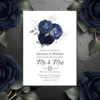 Rustic Navy and Faux Glitter Silver Floral Wedding Invitation