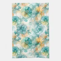 Teal and Yellow Flowers Alcohol Ink Illustration  Kitchen Towel