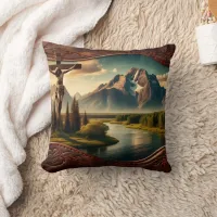 Jesus Crucified In Front of Majestic Mountains Throw Pillow