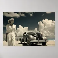 Woman in white walking on the beach in Miami Poster