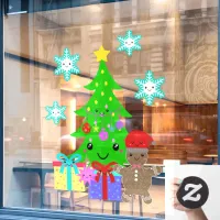 Cute Kawaii Face Christmas Tree Scene 52x72 & Down Window Cling