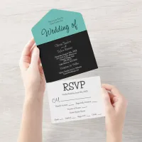 Black, Turquoise, White Minimalist Modern Wedding All In One Invitation