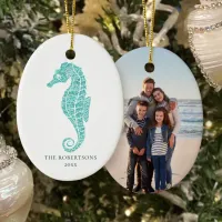 Cute Seahorse Aqua Glitter Coastal Christmas Photo Ceramic Ornament