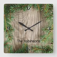 Wood Background with Pine Border Square Wall Clock