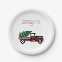 Rustic Christmas Truck Red Green Plaid Tree Paper Plates