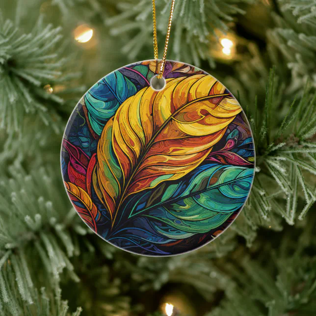 Blue and Golden Feathers Ceramic Ornament