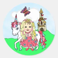 Cute Blonde Haired Princess and Unicorn Castle Classic Round Sticker