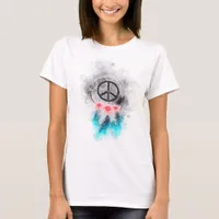 *~* Grunge Watercolor Peace Sign Flowers Feathers T-Shirt