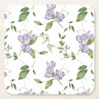 Watercolor Purple Sweet Pea Flowers Square Paper Coaster