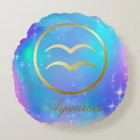 Zodiac Sign Aquarius Gold on Colorful Background | Round Pillow