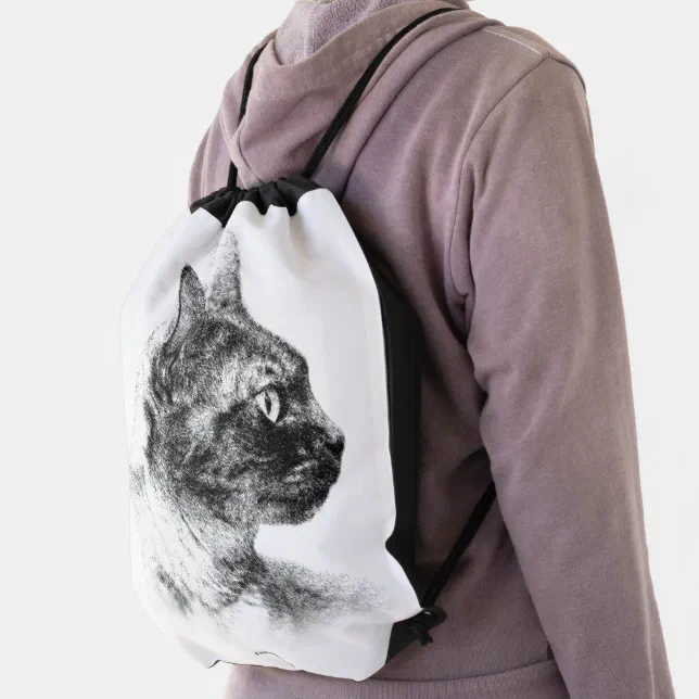 Charcoal Profile of Stella the Grey Cat Drawstring Bag