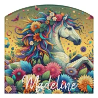 Pretty Whimsical Colorful Flowers and White Horse Door Sign