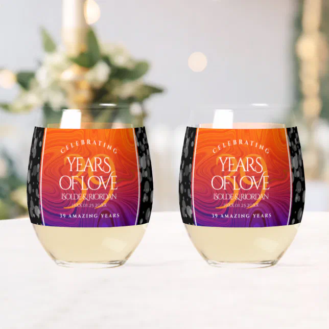 Elegant 39th Agate Wedding Anniversary Celebration Stemless Wine Glass