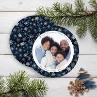 Modern Blue Vintage Snowflakes Christmas Photo Holiday Card