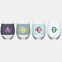 Monogram Stylish Trendy Chic Colorful Set of 4 Stemless Wine Glass