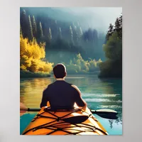 Serene Kayaking Scene | Man in Kayak in Mountains Poster