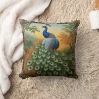 Peacock Showing Feathers in Autumn Throw Pillow