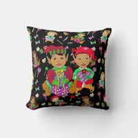 Festive  Elves and Christmas Candy Whimsical Throw Pillow