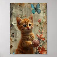 Adorable Ginger Kitten With Yarn blue butterfly Poster