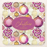 Magenta Gold Christmas Pattern#6 ID1009 Square Paper Coaster