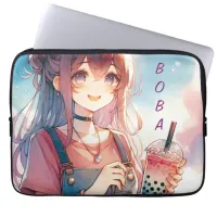 Cute Anime Girl Holding a Boba Tea Laptop Sleeve