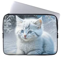 Cute White Cat Playing in the Snow   Laptop Sleeve